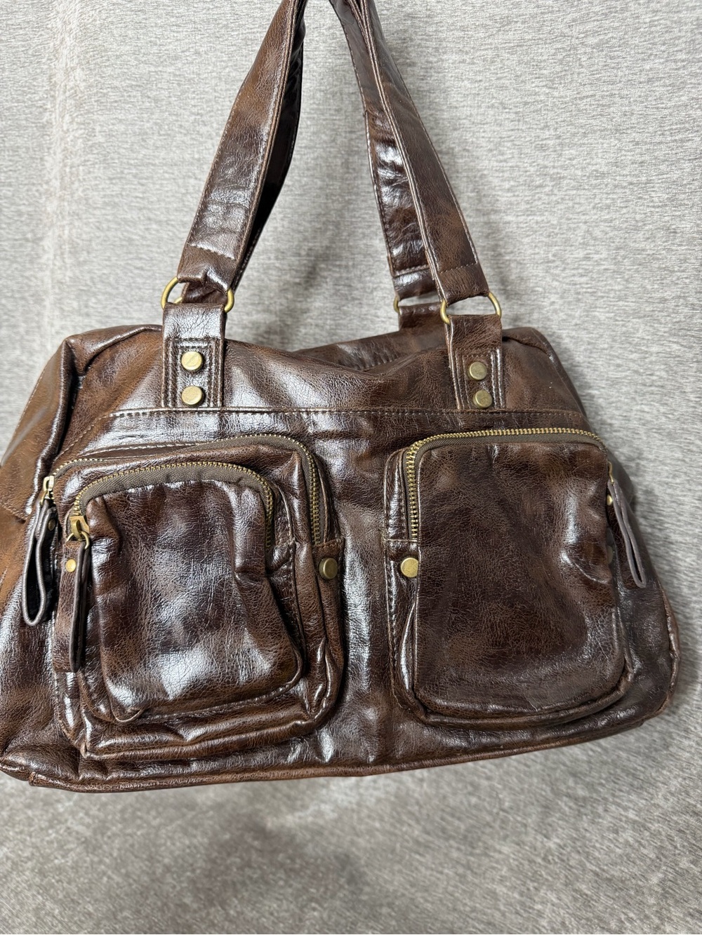 mark. Brown Faux Leather Double Pocket Tote